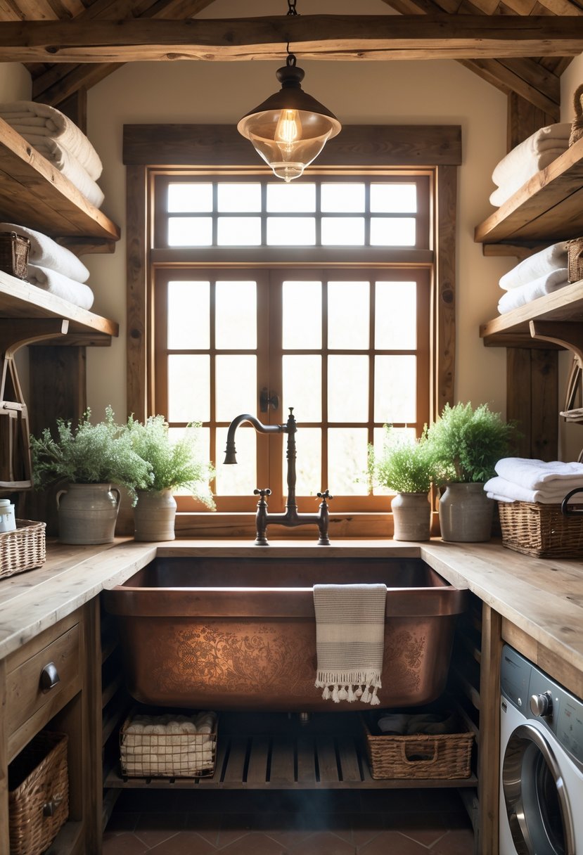 A deep farmhouse sink in a laundry room with wooden countertops, open shelves, and laundry items.