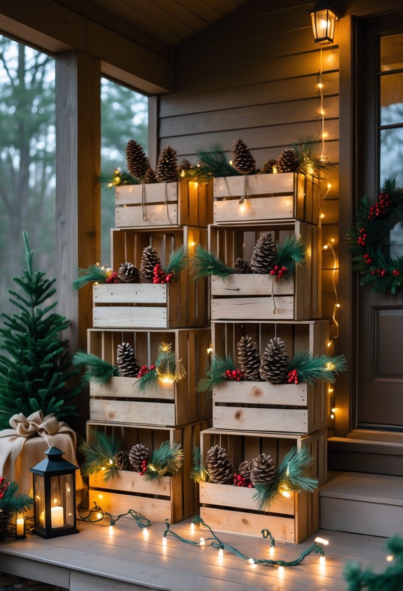 A rustic porch decorated with wooden crates filled with pine cones, evergreen branches, and red berries, illuminated by warm white fairy lights.