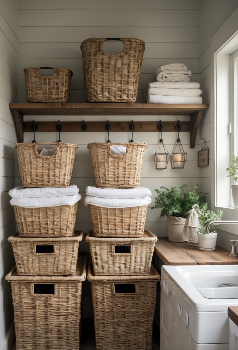 A laundry room with woven wicker baskets, wooden countertop, white walls, and green plants.