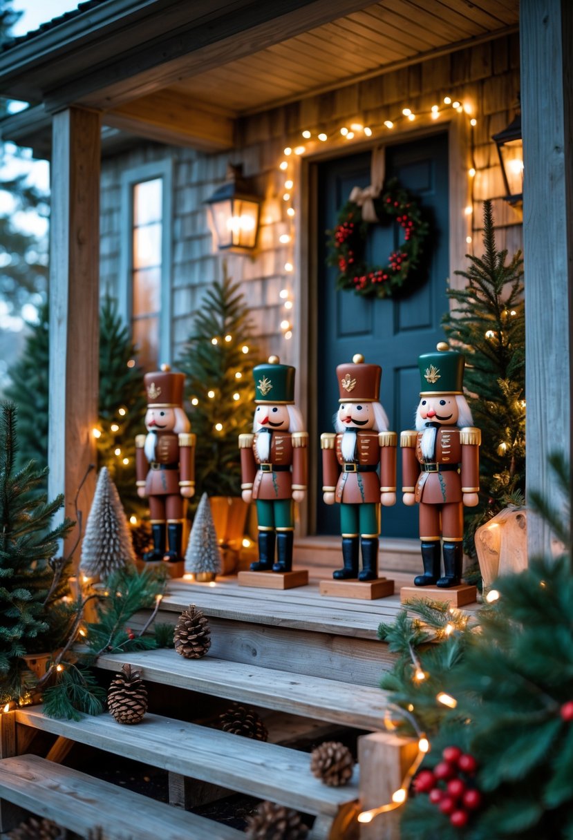A rustic Christmas porch decorated with nutcracker figurines, evergreen garlands, pinecones, and warm string lights.