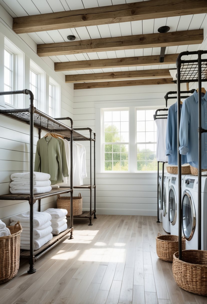 A bright laundry room with metal drying racks holding clothes and linens, wooden floors, and large windows letting in natural light.