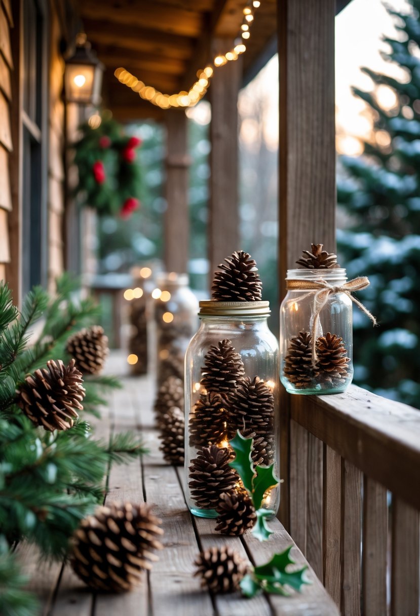 A porch railing decorated with glass jars filled with pinecones and festive greenery for Christmas.
