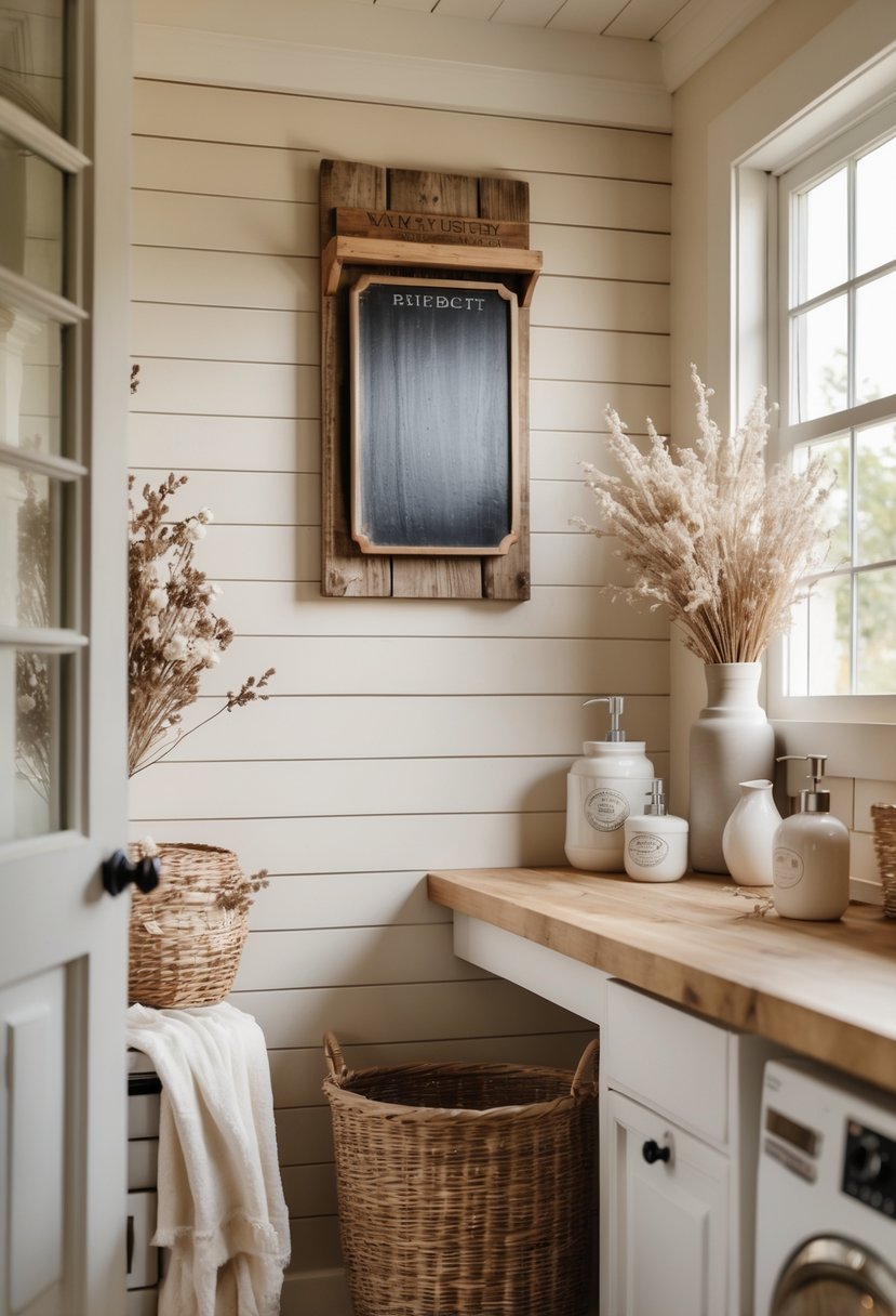 A laundry room with a vintage washboard hanging on a wooden wall, surrounded by baskets and folded towels.