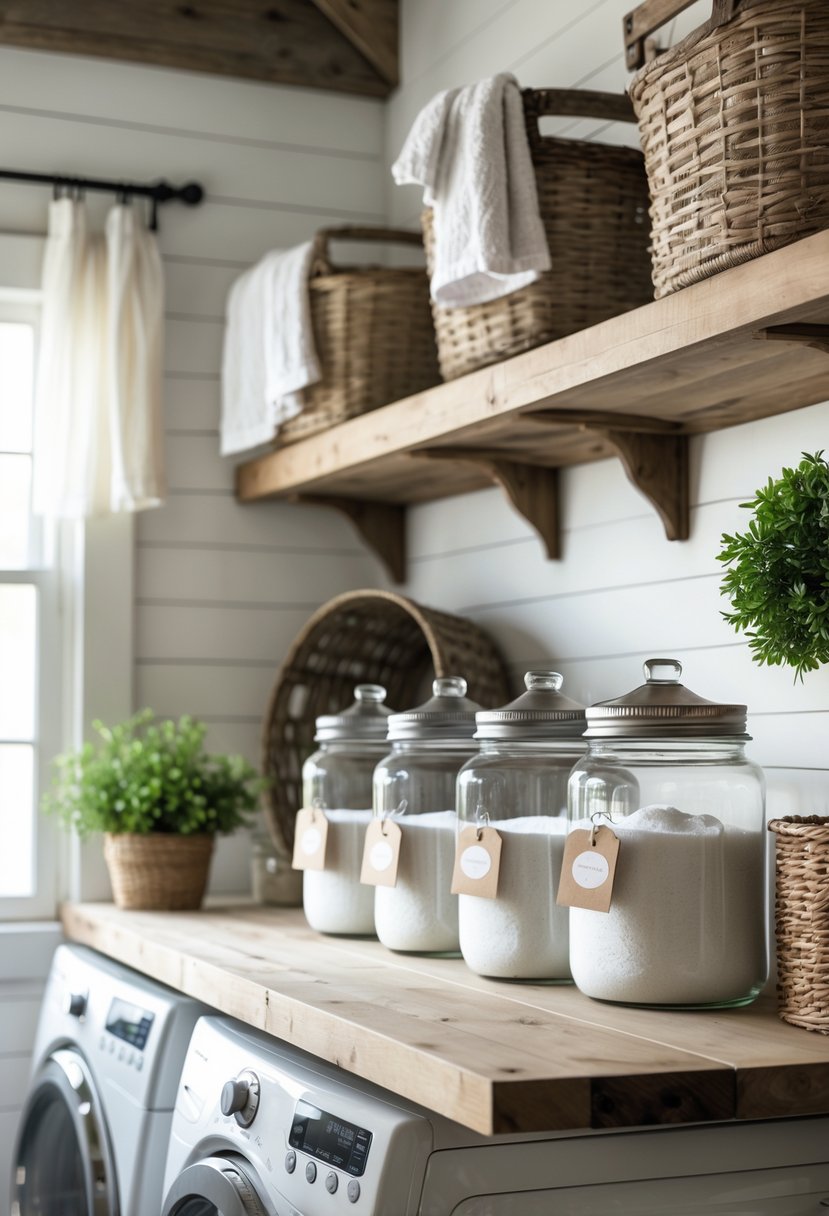 A rustic laundry room with mason jar storage jars for detergents arranged on wooden shelves, surrounded by laundry baskets and towels.
