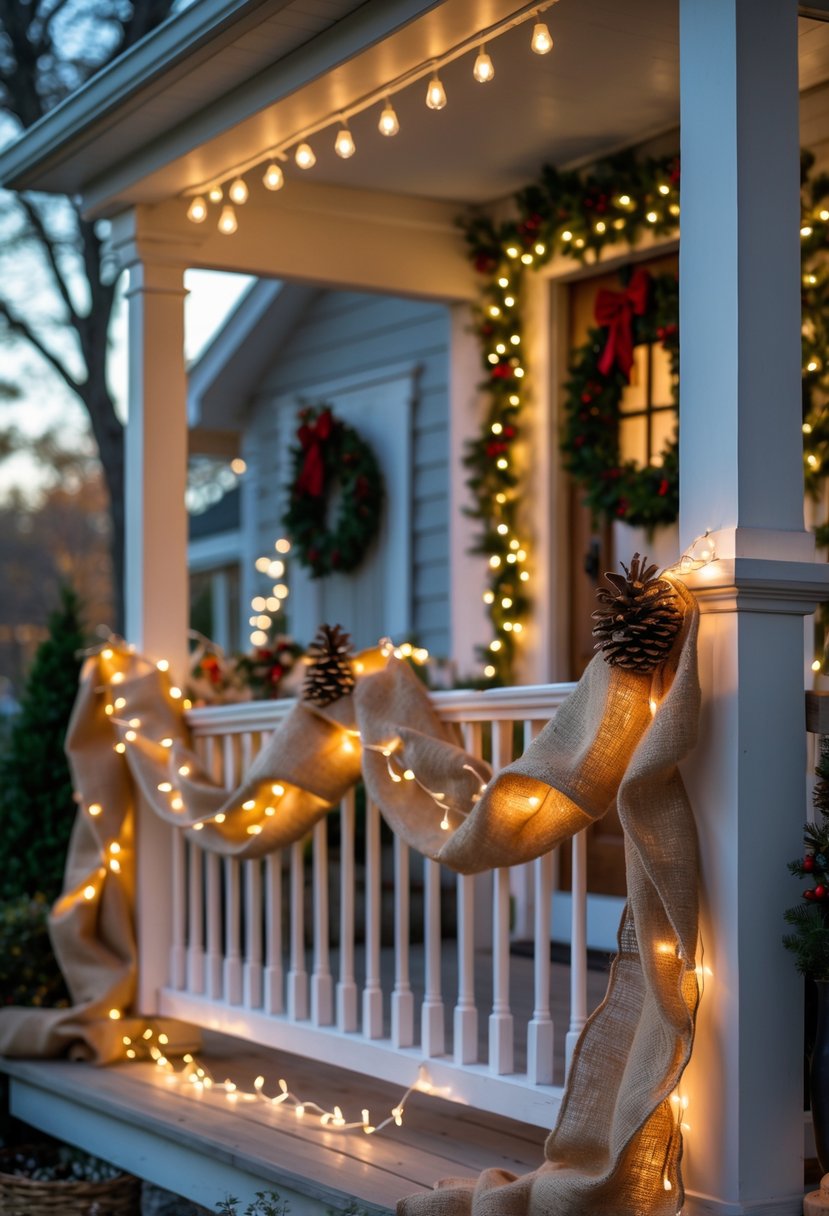 A porch decorated for Christmas with burlap garlands and string lights wrapped around the railing and columns, featuring natural wood and festive greenery.
