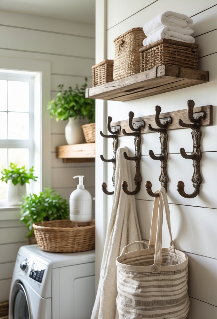 Wall hooks holding laundry items on a wooden wall in a bright laundry room with shelves and plants.