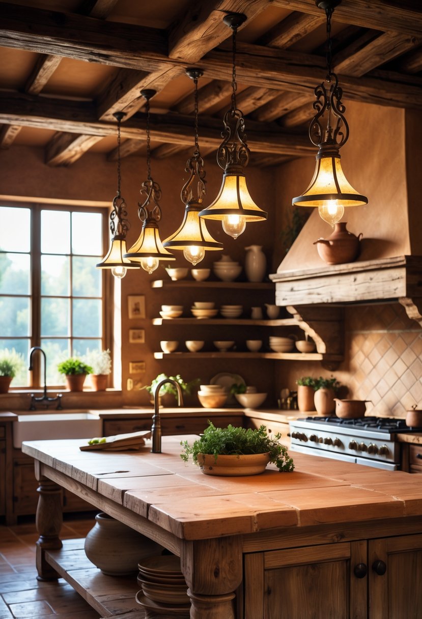 A cozy kitchen with wooden island, hanging pendant lights, stone countertops, and natural light coming through windows.