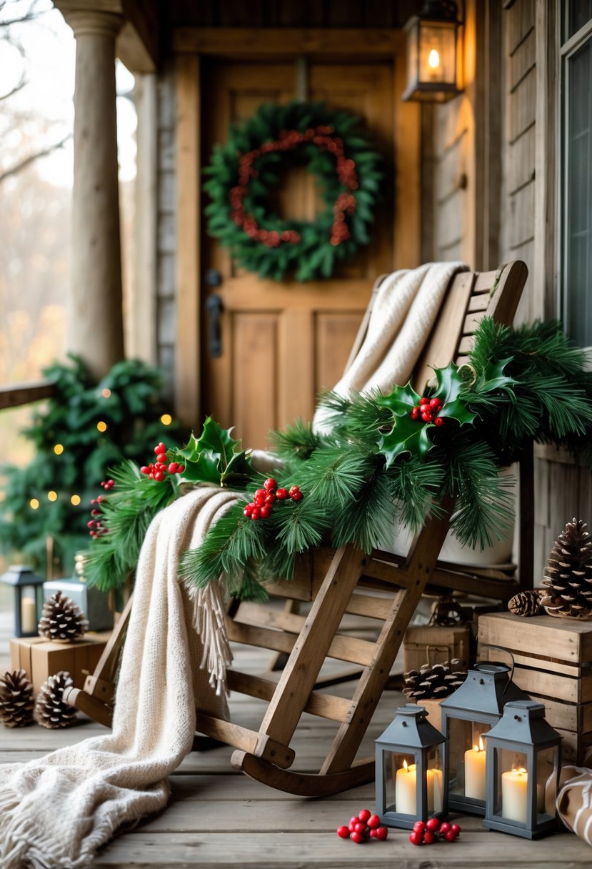 A vintage wooden sled decorated with greenery and warm throws on a rustic porch with Christmas decorations.