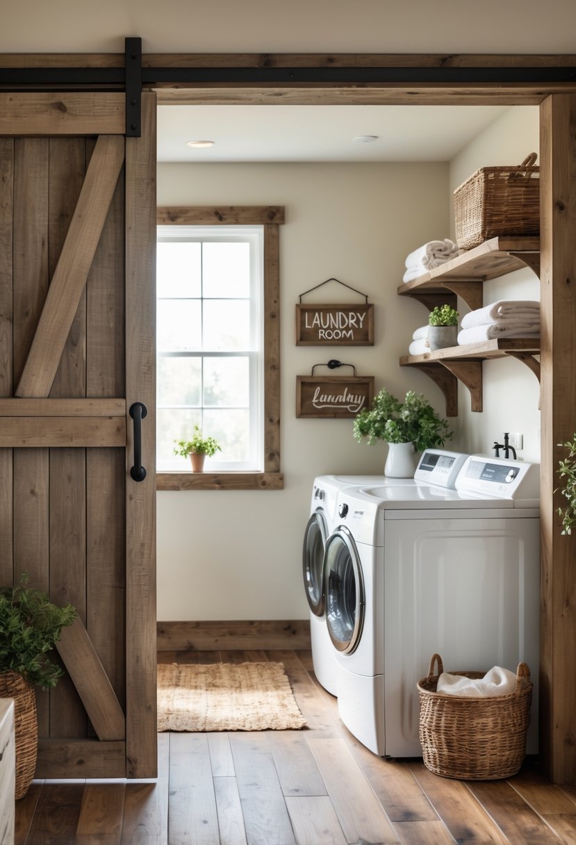 Laundry room entrance with a sliding barn door open to reveal a washing machine, dryer, shelves with folded linens, and a sink.