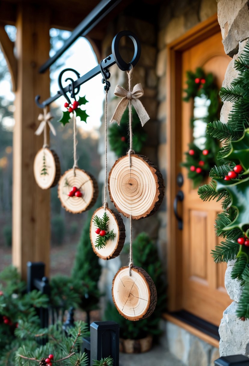 A rustic porch decorated with natural wood slice ornaments hanging from porch hooks, surrounded by pine garlands and holiday greenery.