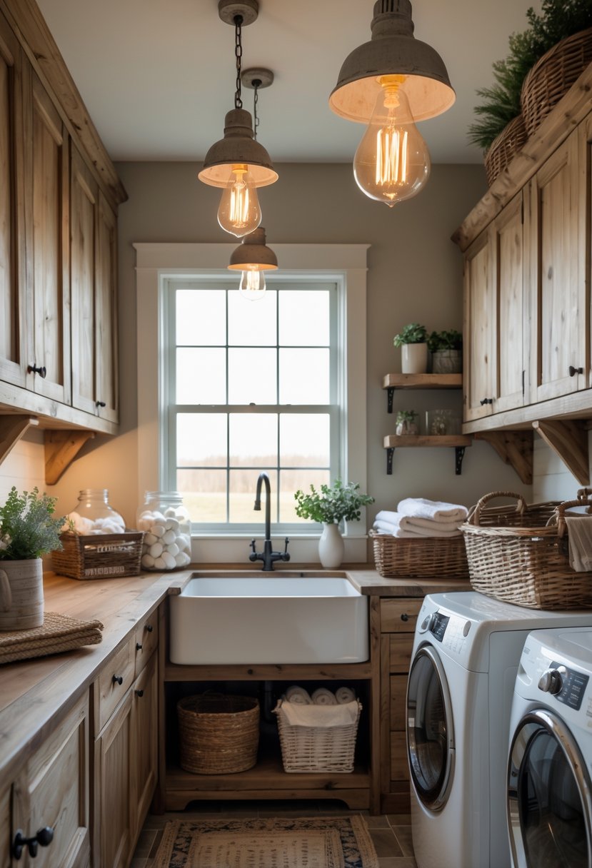 A laundry room with metal pendant lights hanging from the ceiling and Edison bulbs glowing, featuring wooden cabinets, a farmhouse sink, and neatly arranged laundry items.