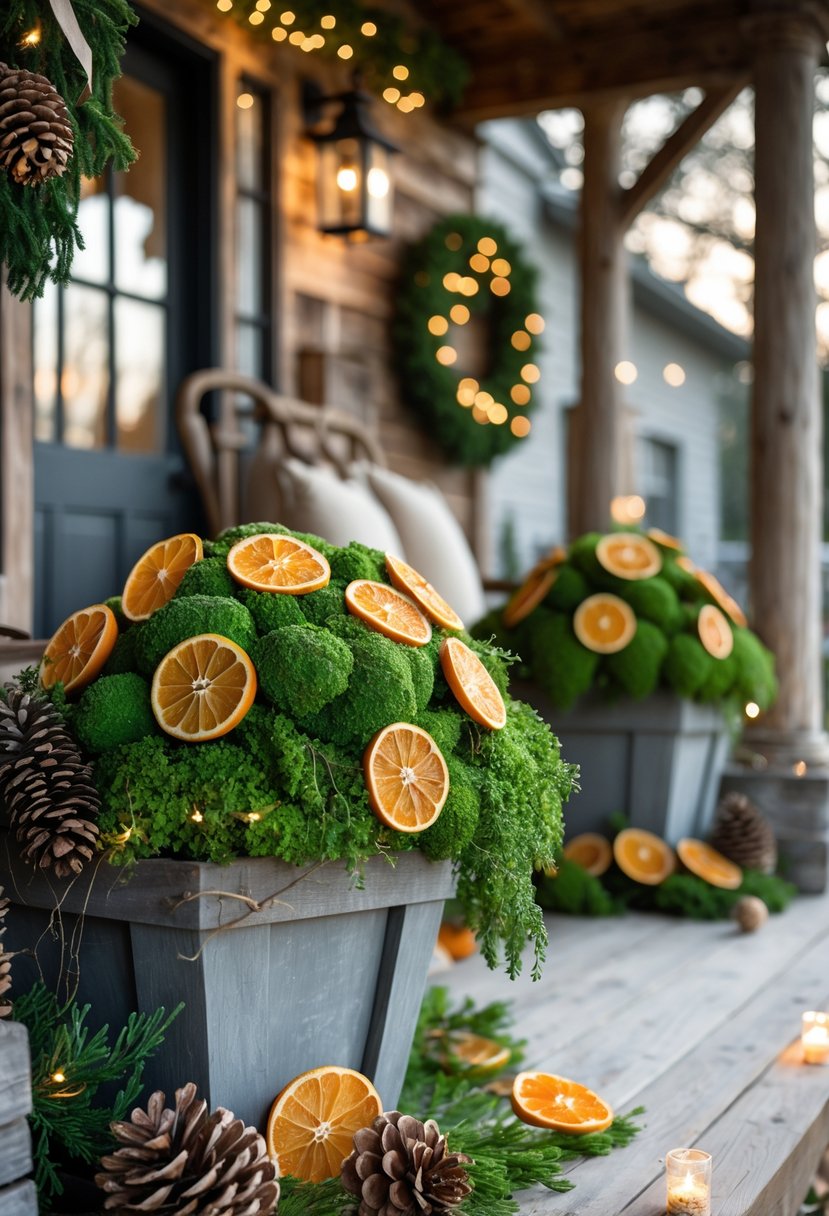 A porch decorated for Christmas with planters containing moss and dried orange slices, surrounded by rustic holiday decorations.