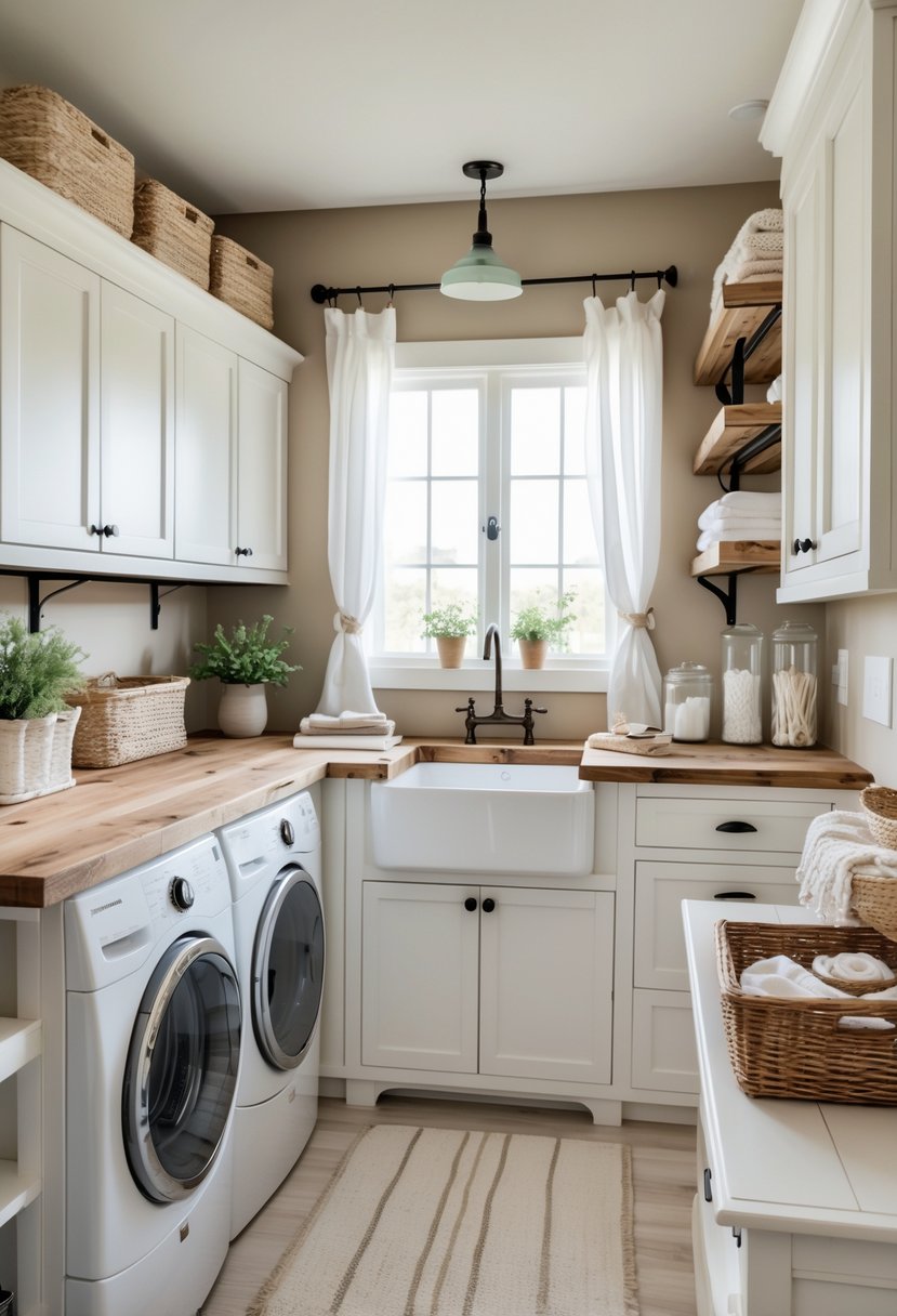 A clean and organized laundry room with a washing machine, dryer, wooden countertop, white cabinets, open shelves with baskets, and a window letting in natural light.