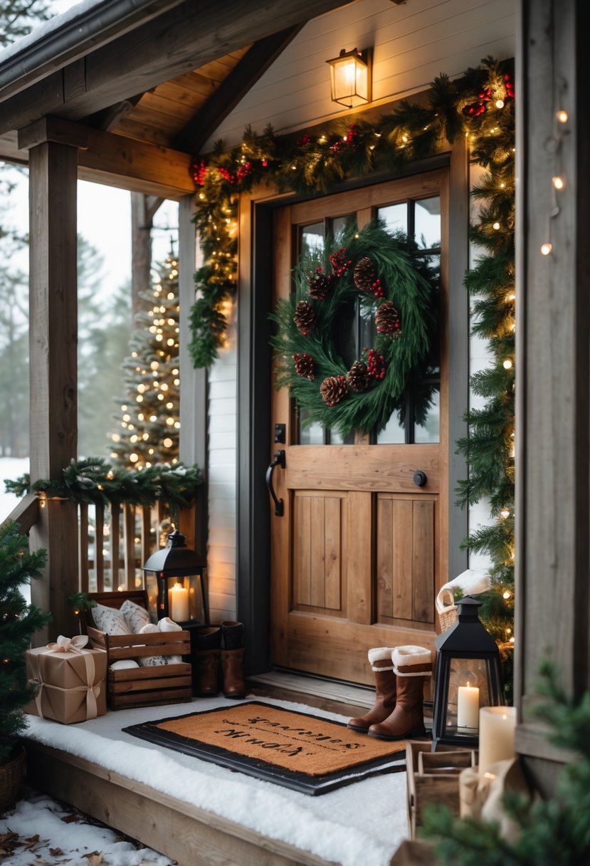 A farmhouse porch decorated for Christmas with a wooden doormat, pine garlands, a wreath on the door, lanterns, and wrapped gifts, lightly covered with snow.