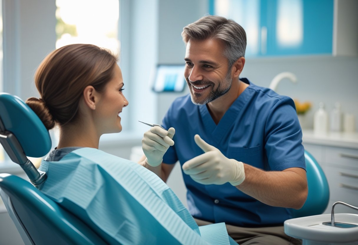 A dentist and patient having a friendly discussion in a modern dental clinic.
