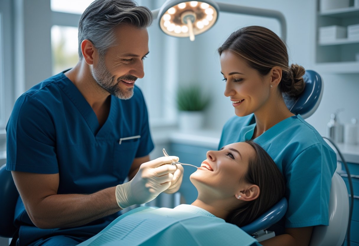 A dentist calmly explaining a dental procedure to a patient in a modern dental clinic.
