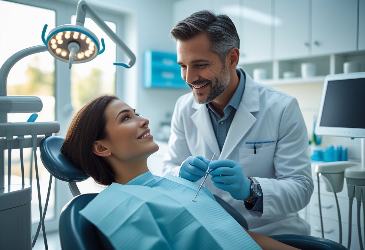 A dentist explaining a dental procedure to a patient in a modern dental clinic.