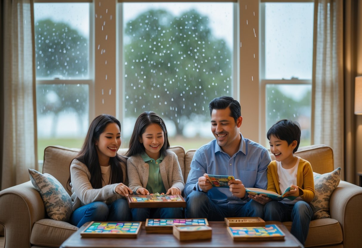 Family of four playing board games and reading books together in a cozy living room on a rainy day.