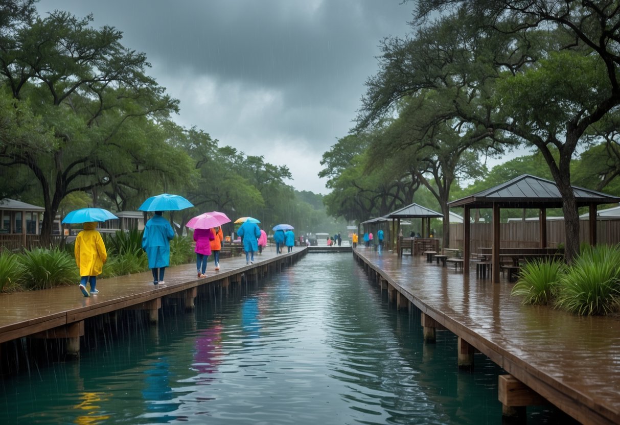 People in raincoats and umbrellas walking and relaxing near a wooden pier by calm water on a rainy day in a coastal park.