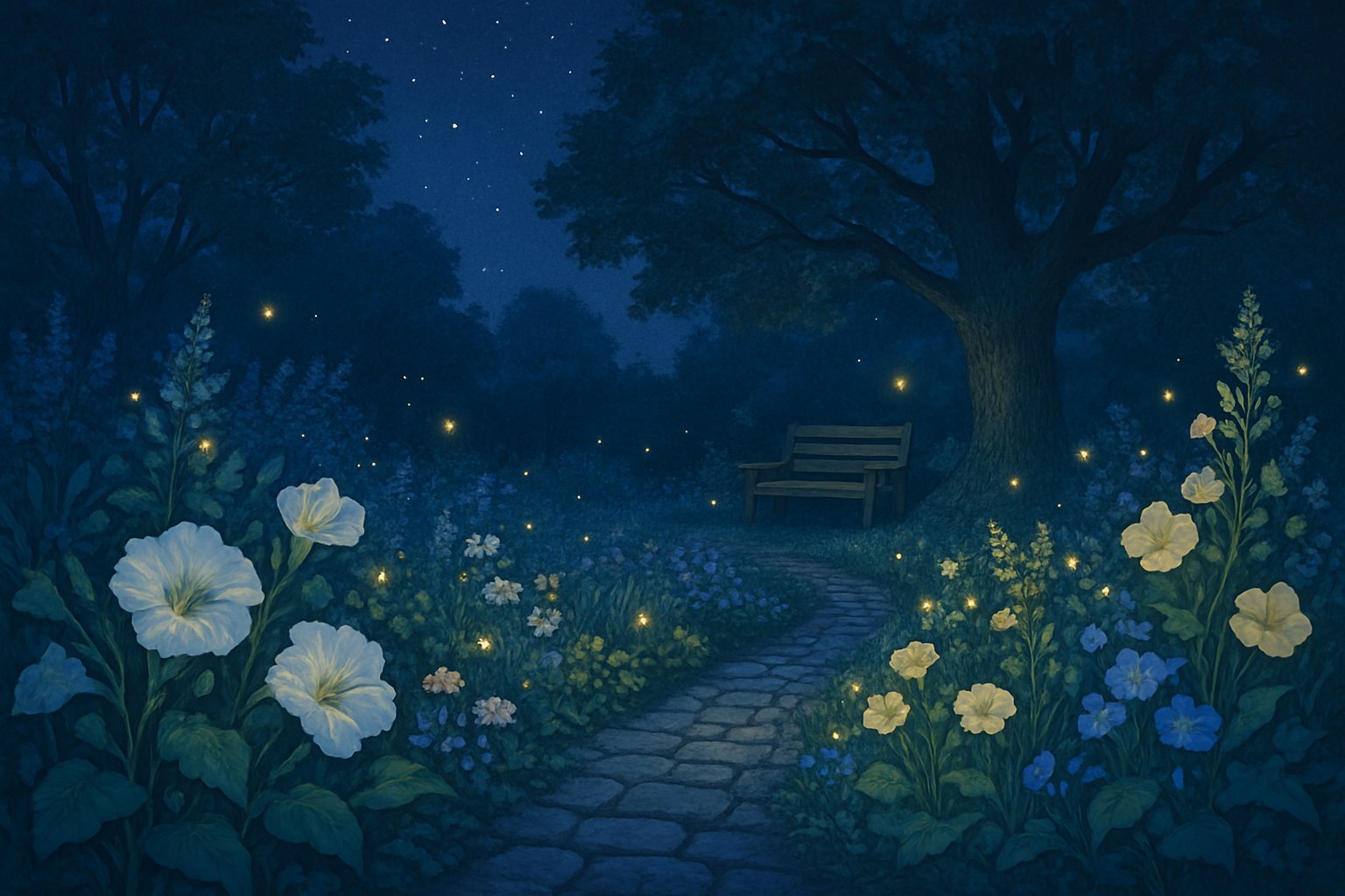 A peaceful garden at night with trees, blooming flowers, fireflies, and a cobblestone path under a starry sky.
