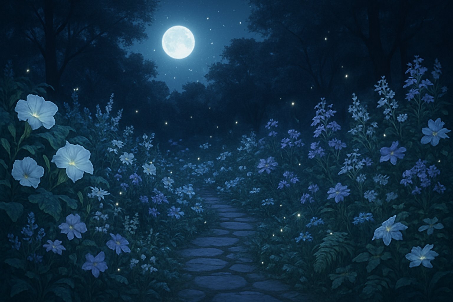A peaceful garden at night with glowing flowers, fireflies, a stone path, and tall trees under a starry sky.