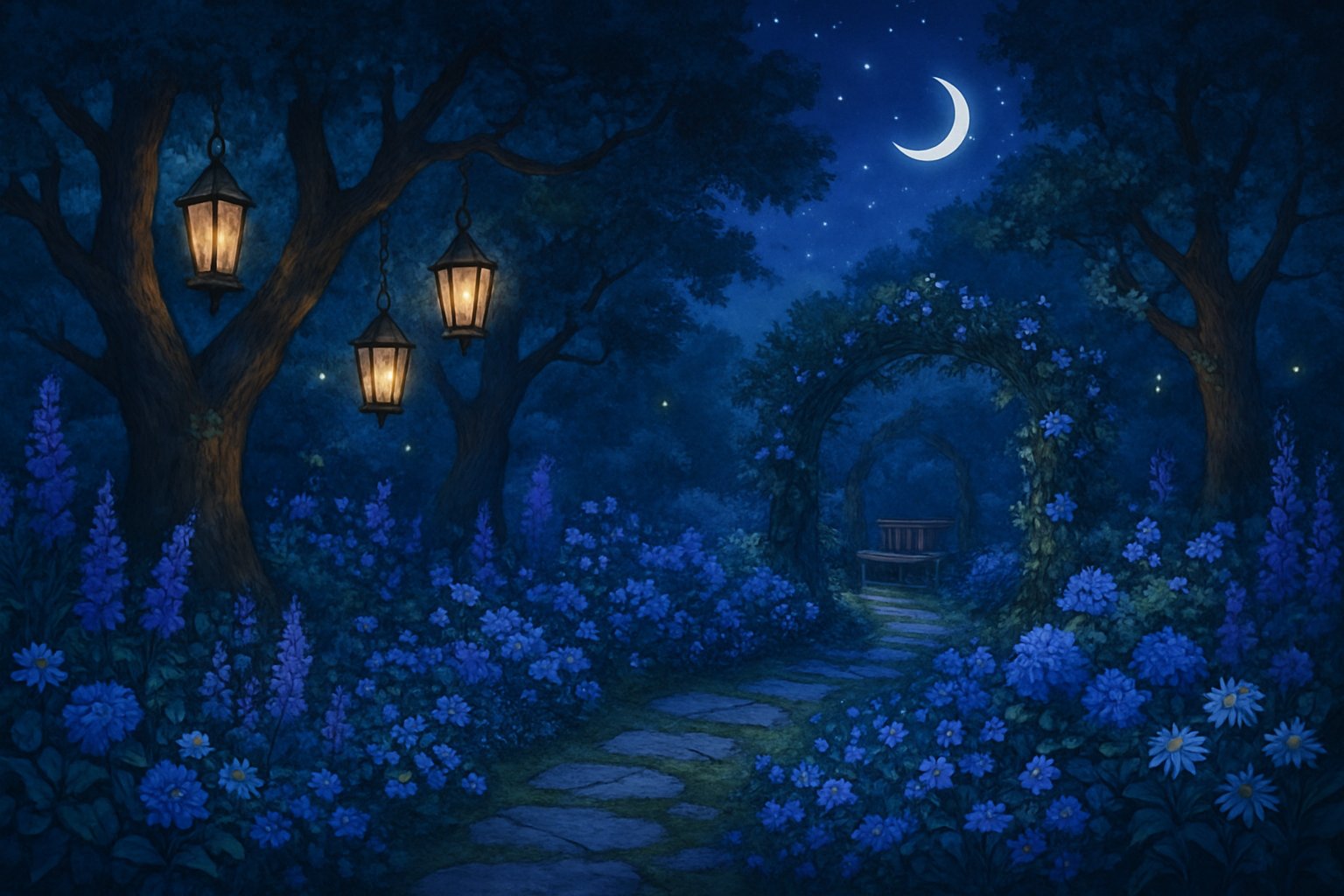 A peaceful nighttime garden with glowing lanterns, blooming flowers, fireflies, a wooden bench under a vine-covered archway, and a starry sky with a crescent moon.