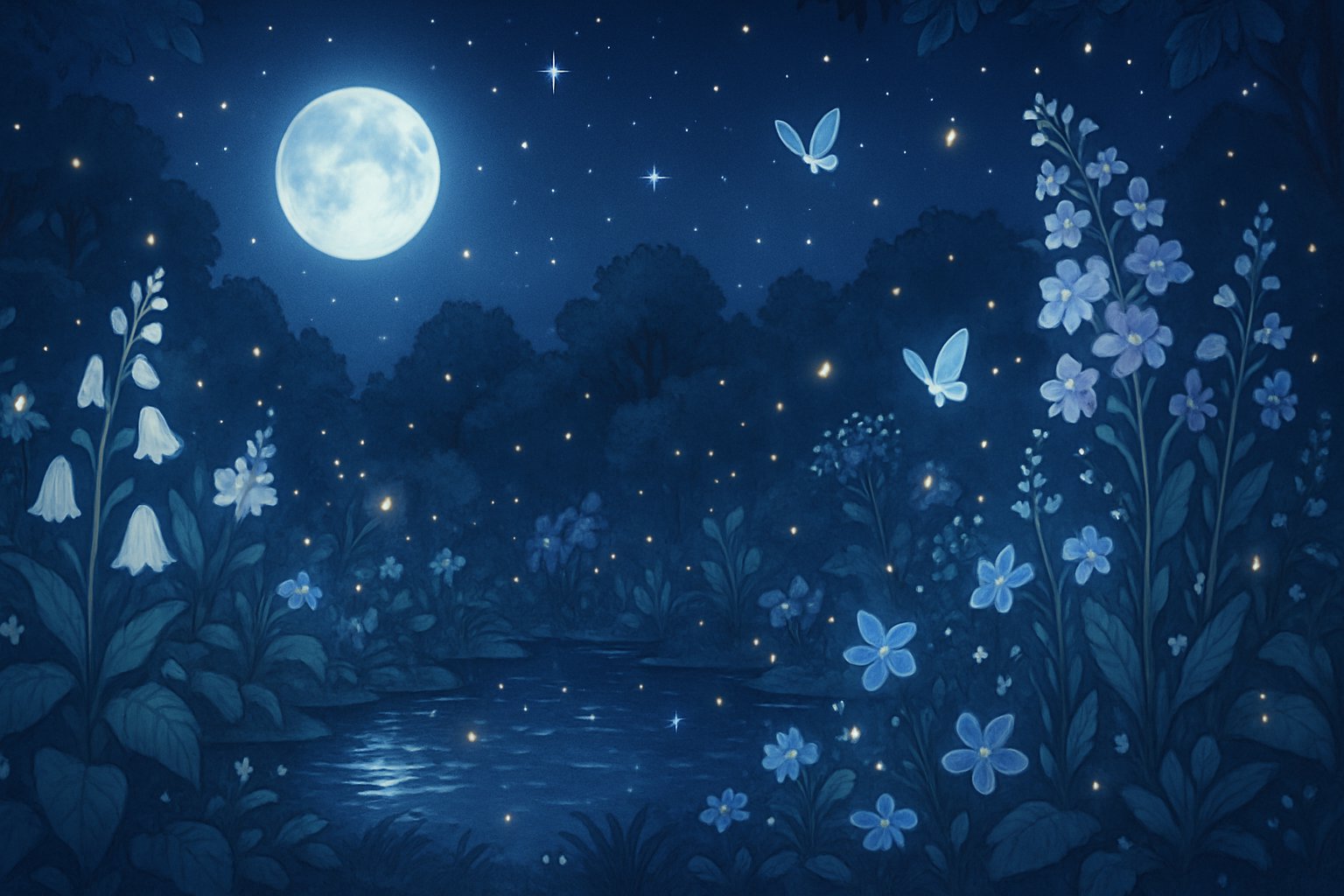 A peaceful garden at night with glowing flowers, fireflies, and a calm pond reflecting the moon.