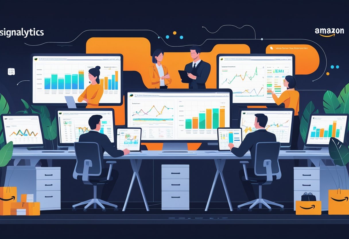 Four modern office workspaces side by side showing teams of professionals analyzing data and collaborating, representing different Amazon advertising agencies in a competitive setting.