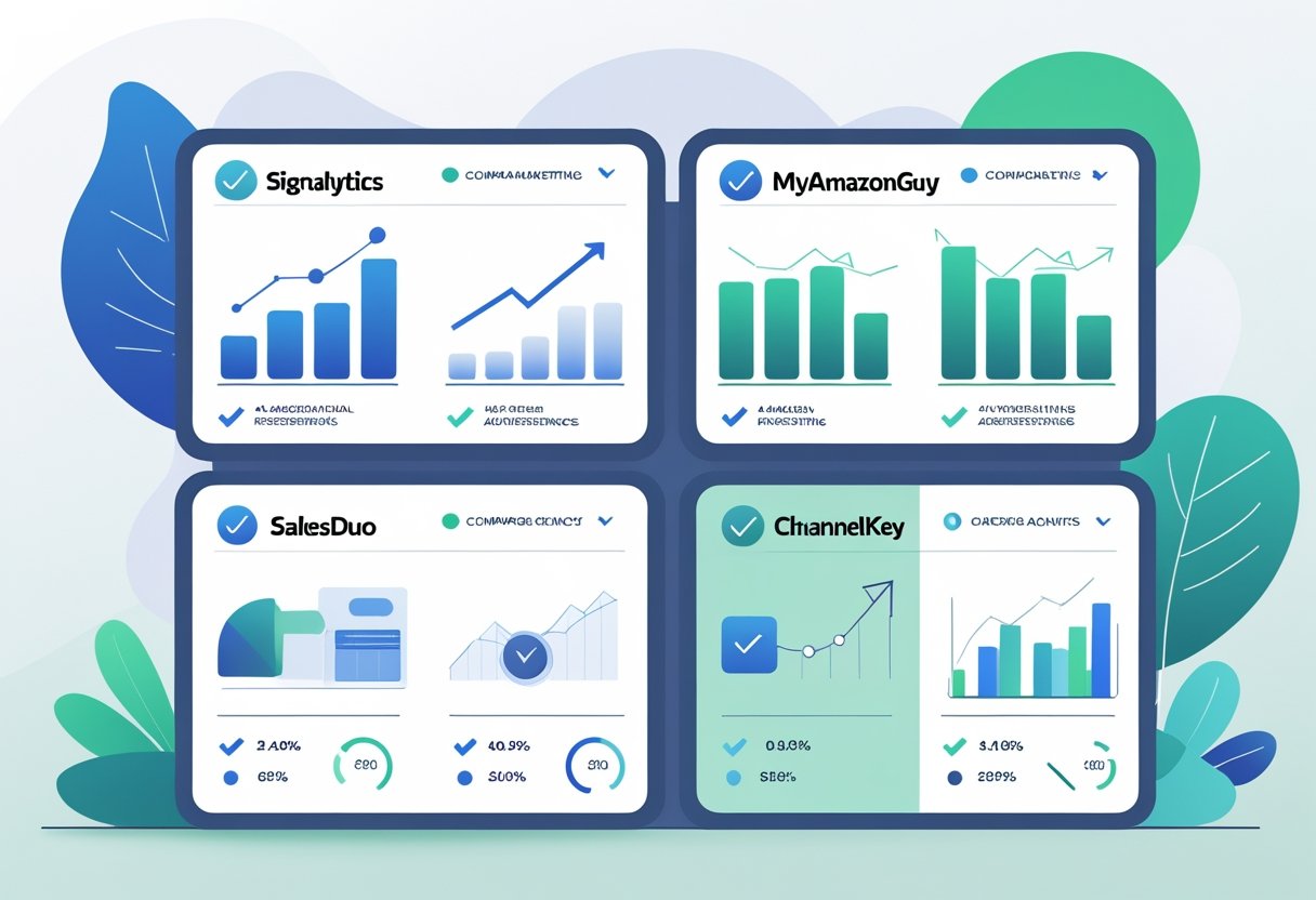 An infographic-style illustration showing four interconnected sections representing different Amazon advertising agencies with icons like charts, shopping carts, and advertising symbols to compare their services.