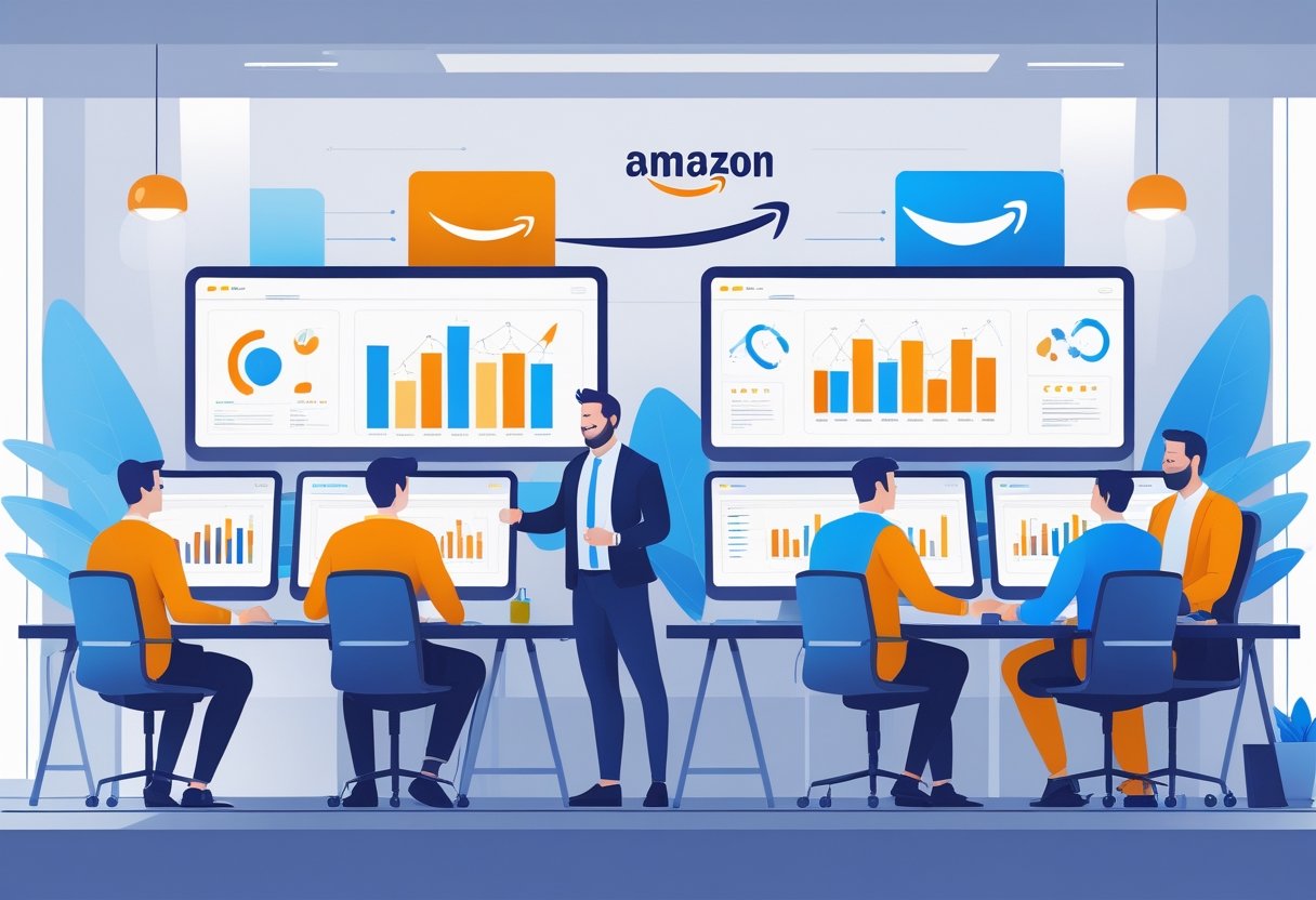 An office scene showing four workstations with professionals analyzing marketing data on computer screens, representing different Amazon advertising agencies.