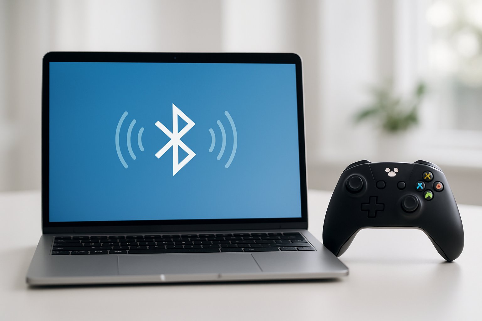 A laptop on a desk with a wireless Xbox controller next to it, showing a Bluetooth connection on the screen.