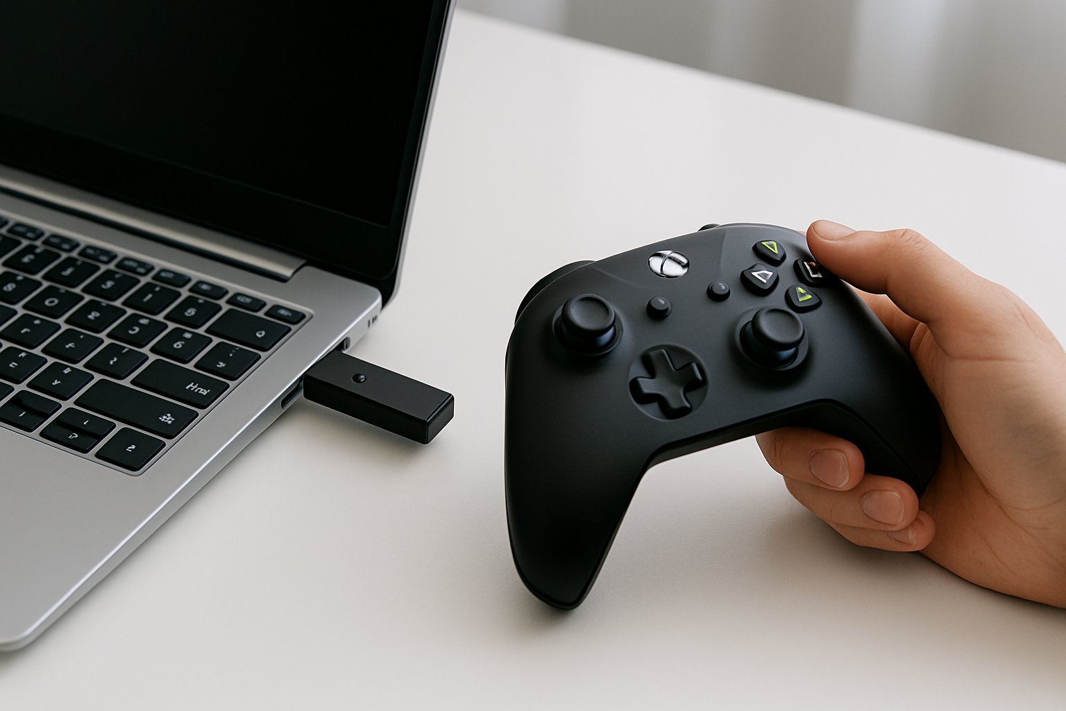 A person holding an Xbox controller next to a laptop with an Xbox Wireless Adapter plugged into the USB port.