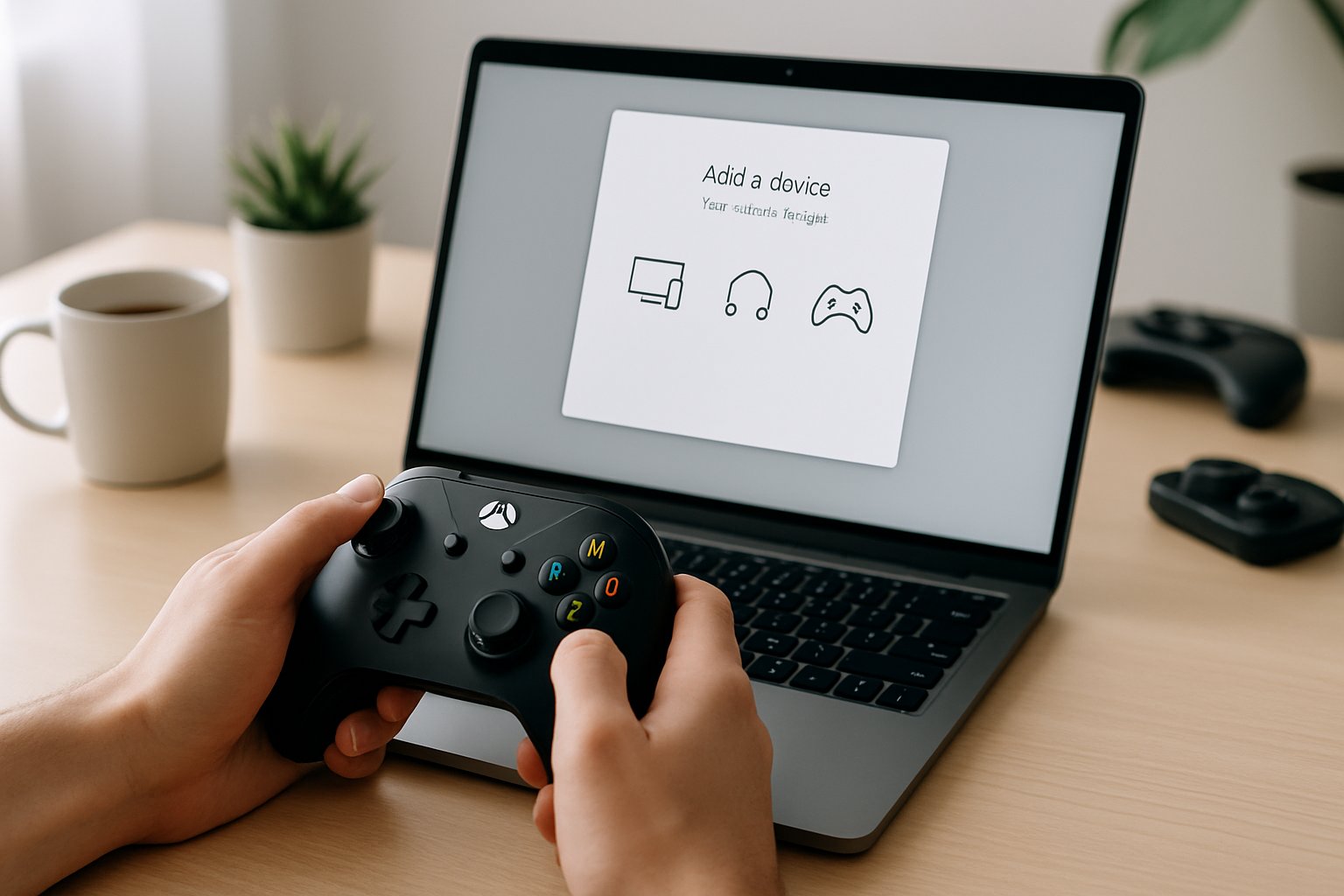 Hands holding an Xbox controller near a laptop showing a connection setup screen on a clean desk.