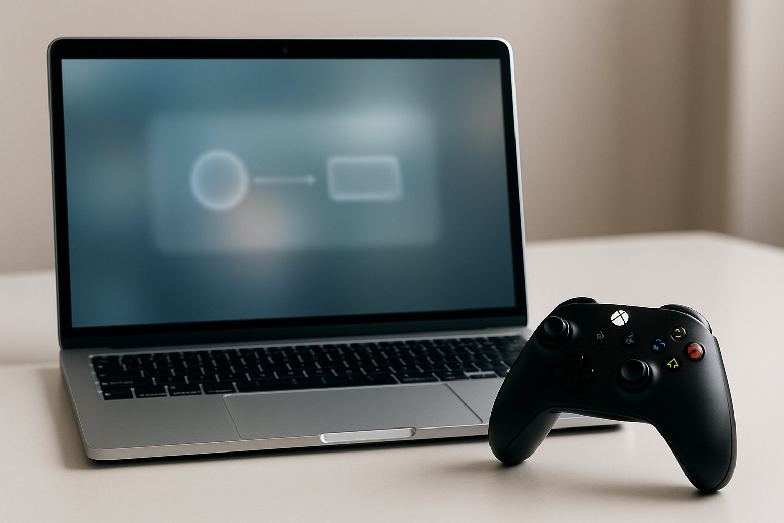 A laptop on a desk with a wireless Xbox controller placed beside it, suggesting connection setup.