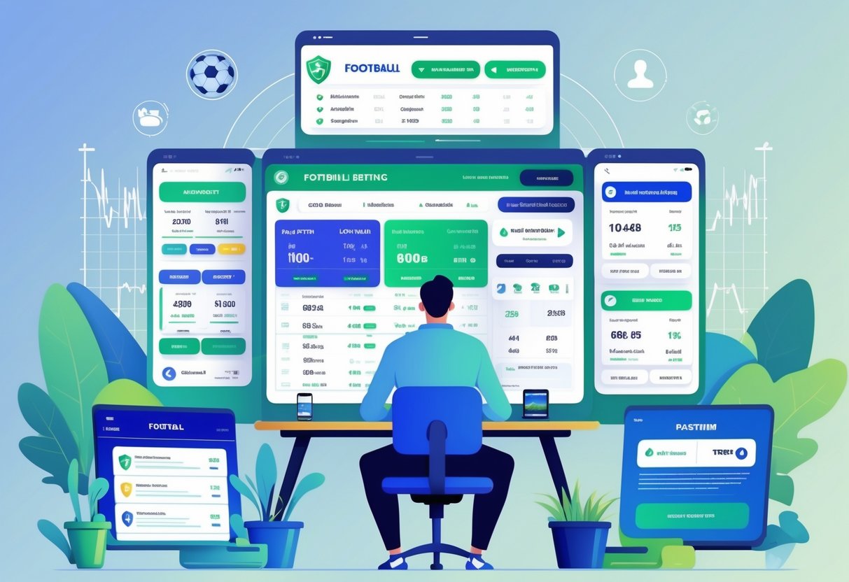 Seseorang duduk di depan beberapa layar komputer yang menampilkan statistik sepak bola dan antarmuka platform taruhan, dengan latar belakang stadion sepak bola dan grafik data.