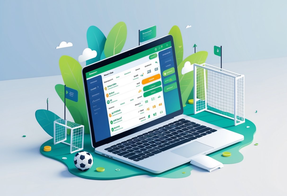 Ilustrasi seseorang menggunakan perangkat digital untuk memasang taruhan sepak bola online dengan latar belakang elemen sepak bola seperti bola dan stadion.