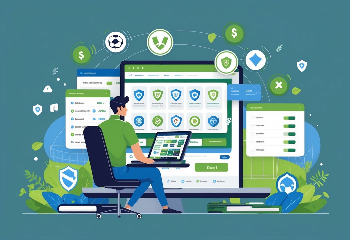 Seseorang duduk di depan laptop dengan ikon sepak bola, peringkat, dan keamanan mengelilinginya, menunjukkan proses memilih situs taruhan sepak bola terbaik.