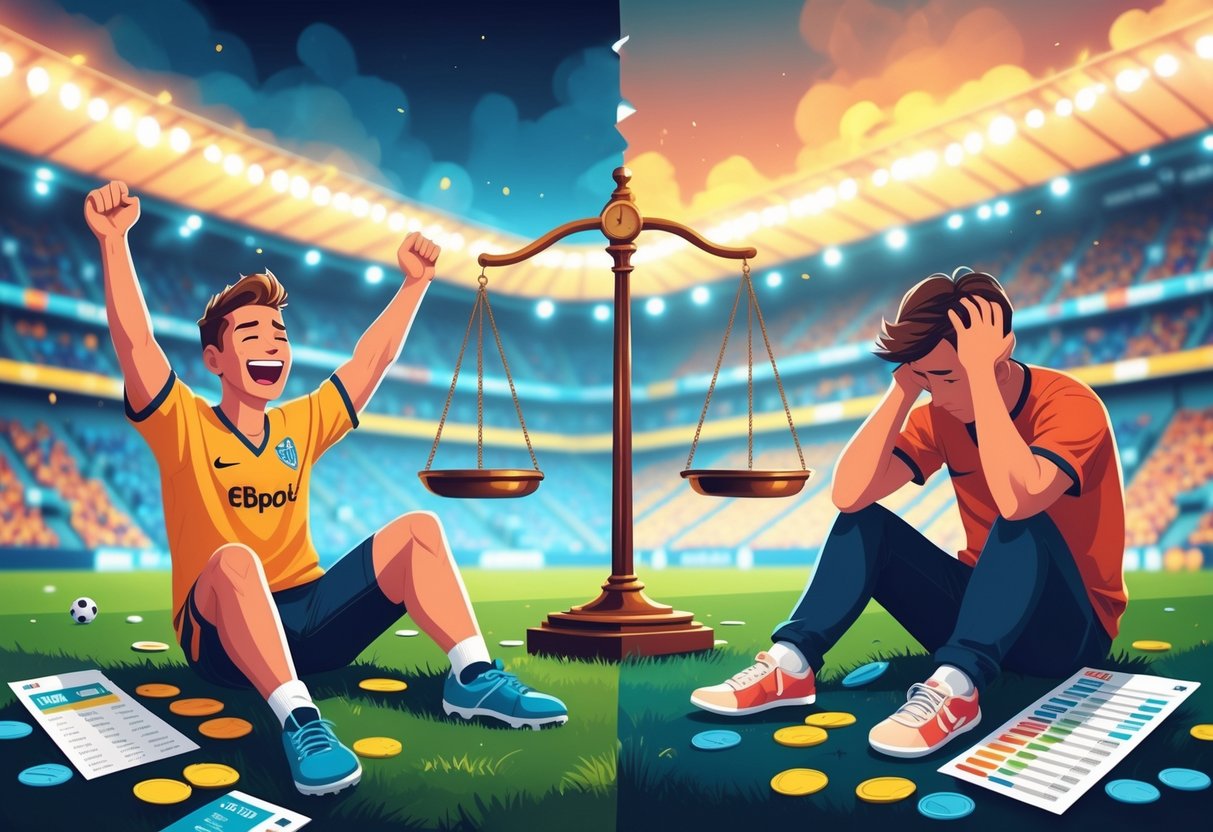 Seorang penggemar sepak bola merayakan kemenangan di satu sisi, dan di sisi lain penggemar lain tampak kecewa dengan kepala tertunduk, di antara mereka terdapat timbangan yang melambangkan ketahanan perasaan dalam taruhan.