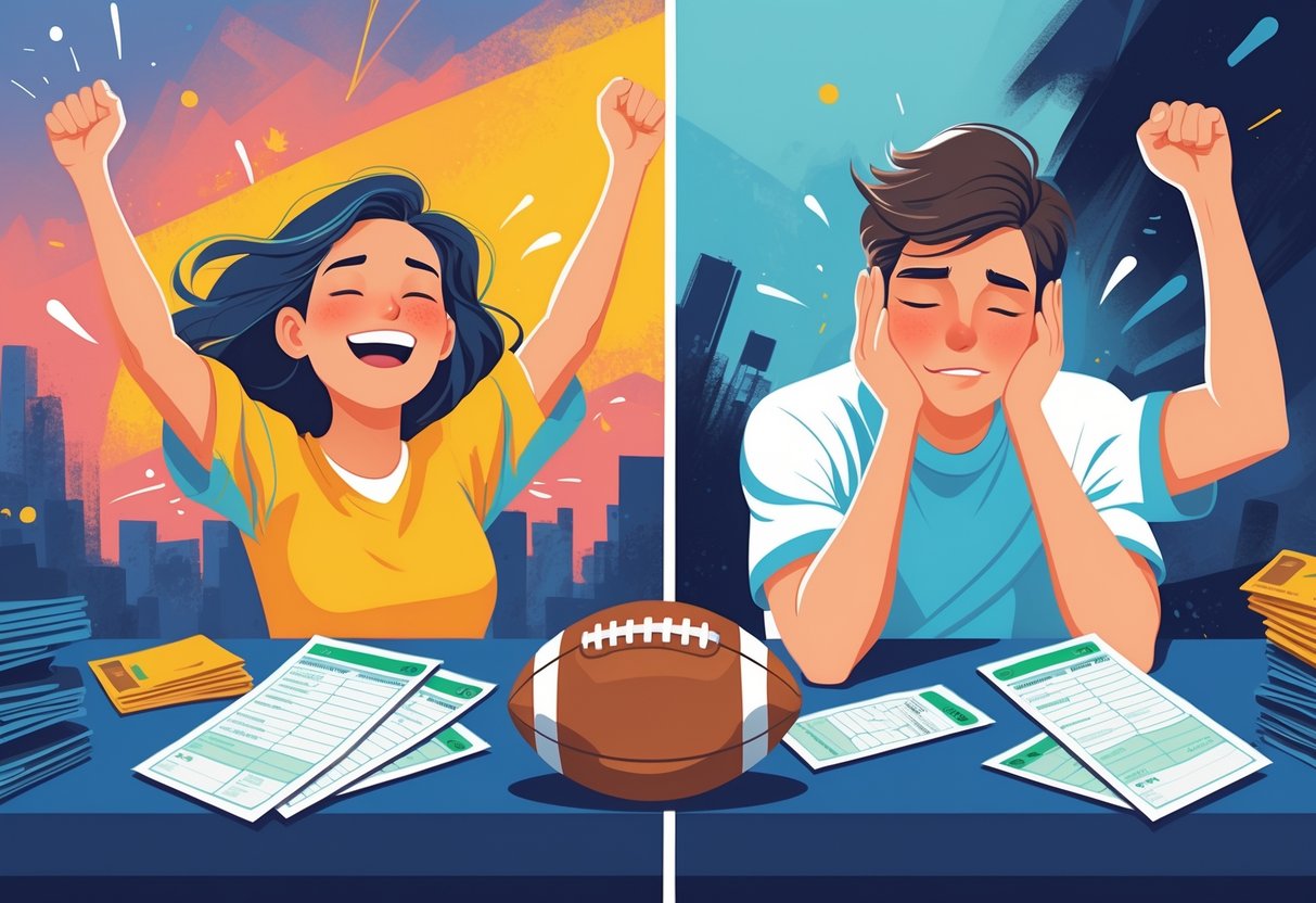 Seseorang yang menunjukkan emosi senang dan sedih sambil memegang bola sepak dan slip taruhan, menggambarkan naik turunnya perasaan dalam taruhan sepak bola.