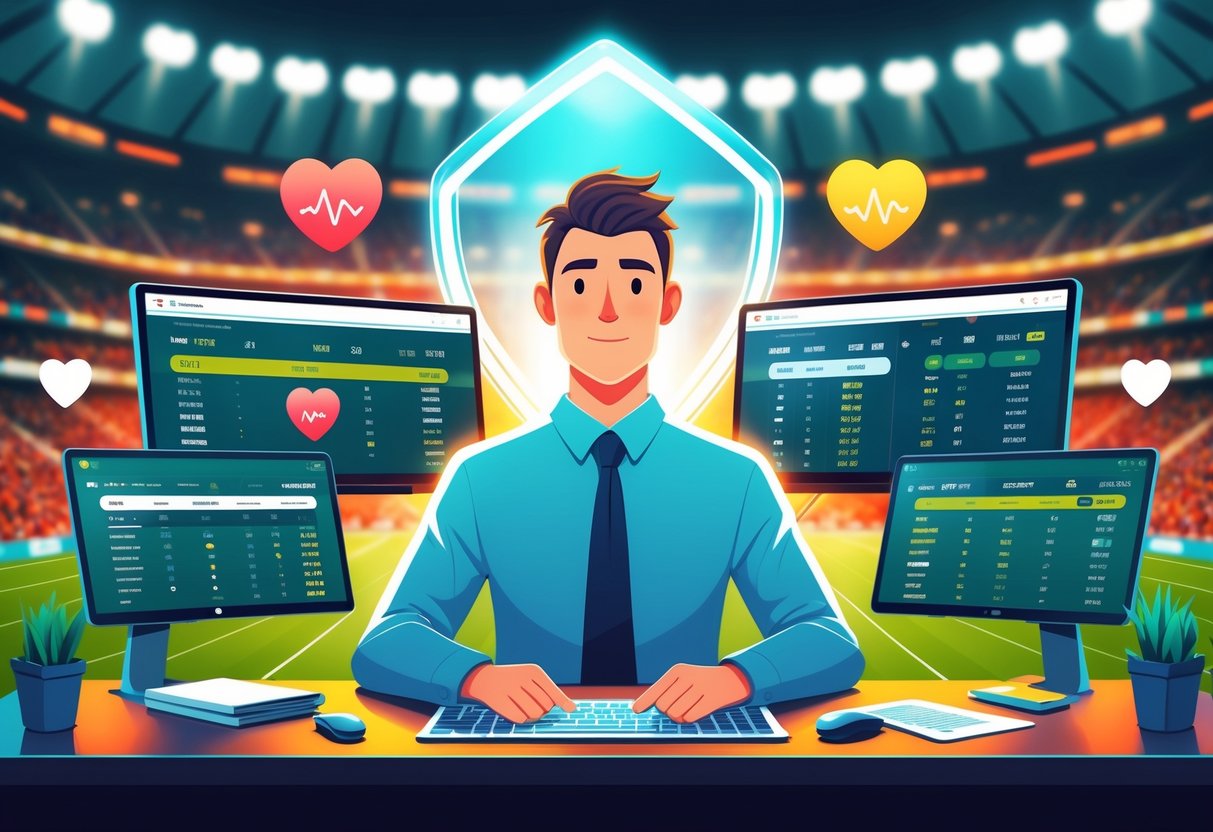 Seorang pria duduk di depan layar komputer yang menampilkan pertandingan sepak bola dan peluang taruhan, dengan ekspresi tenang dan fokus di tengah suasana stadion sepak bola yang ramai.