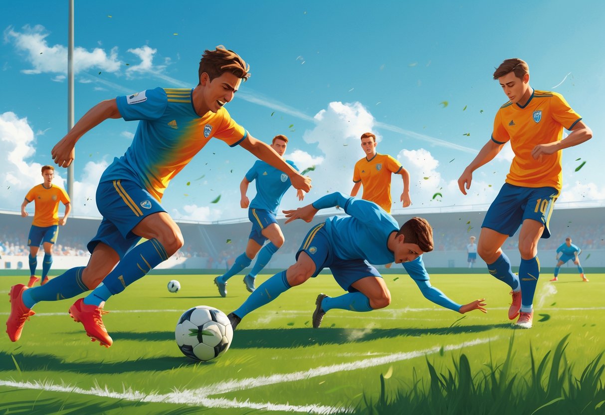 Seorang pemain sepak bola sedang menggiring bola dengan fokus dan kegembiraan, sementara pemain lain melakukan tekel di lapangan hijau dengan pemain lain yang aktif bermain di latar belakang.