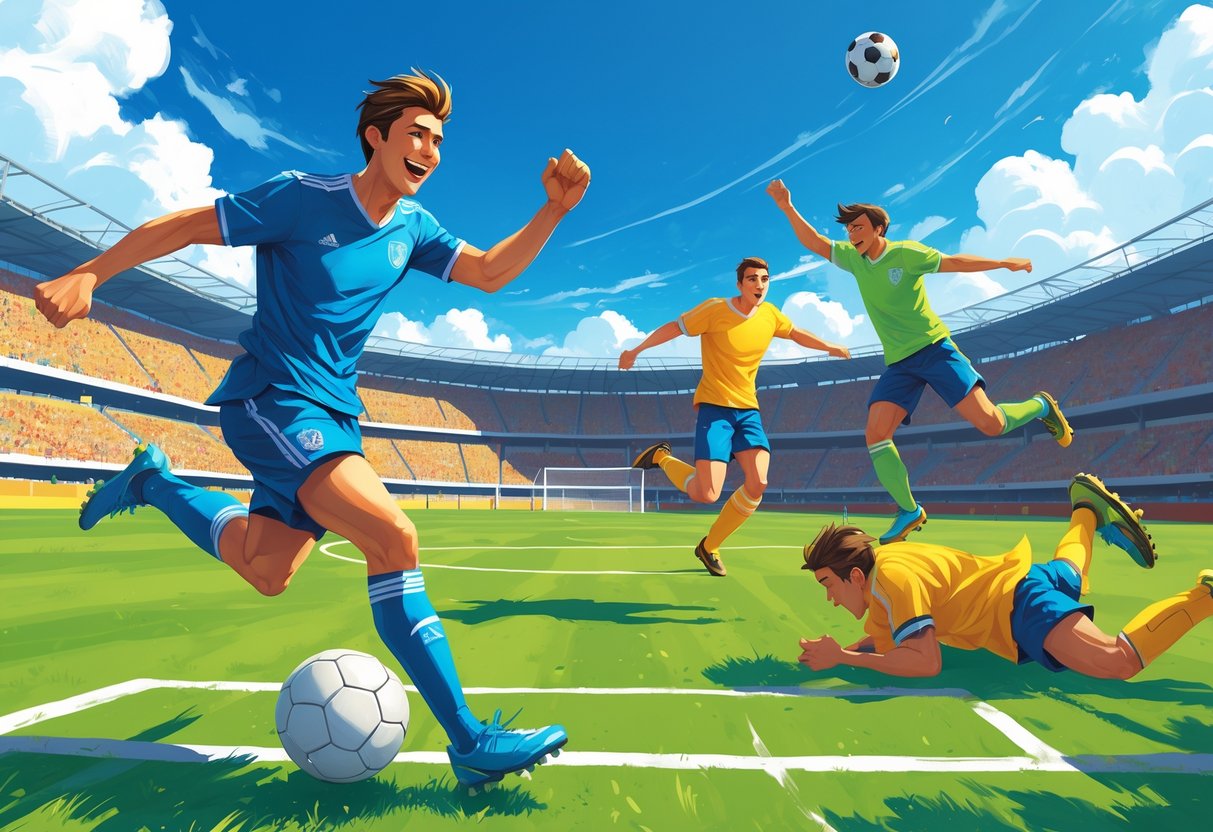 Para pemain sepak bola sedang bermain di lapangan dengan satu pemain menggiring bola dengan senang, satu pemain menendang bola, dan satu pemain jatuh ke tanah, dengan penonton yang bersorak di latar belakang.