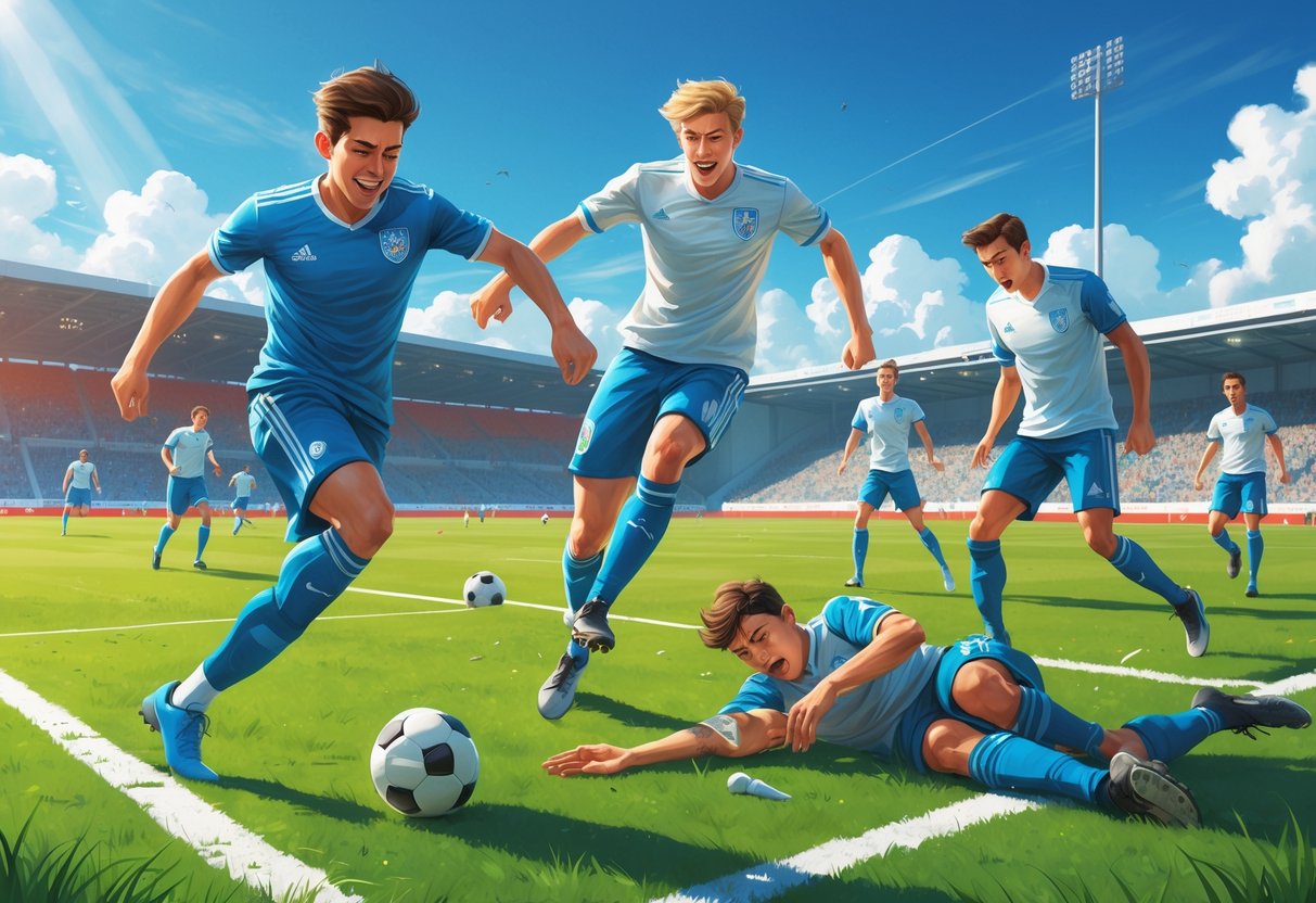 Seorang pemain sepak bola menggiring bola dengan semangat, pemain lain melompat untuk menyundul, dan seorang pemain terluka memegang pergelangan kaki dengan rekan satu tim yang khawatir di lapangan hijau dengan penonton di latar belakang.