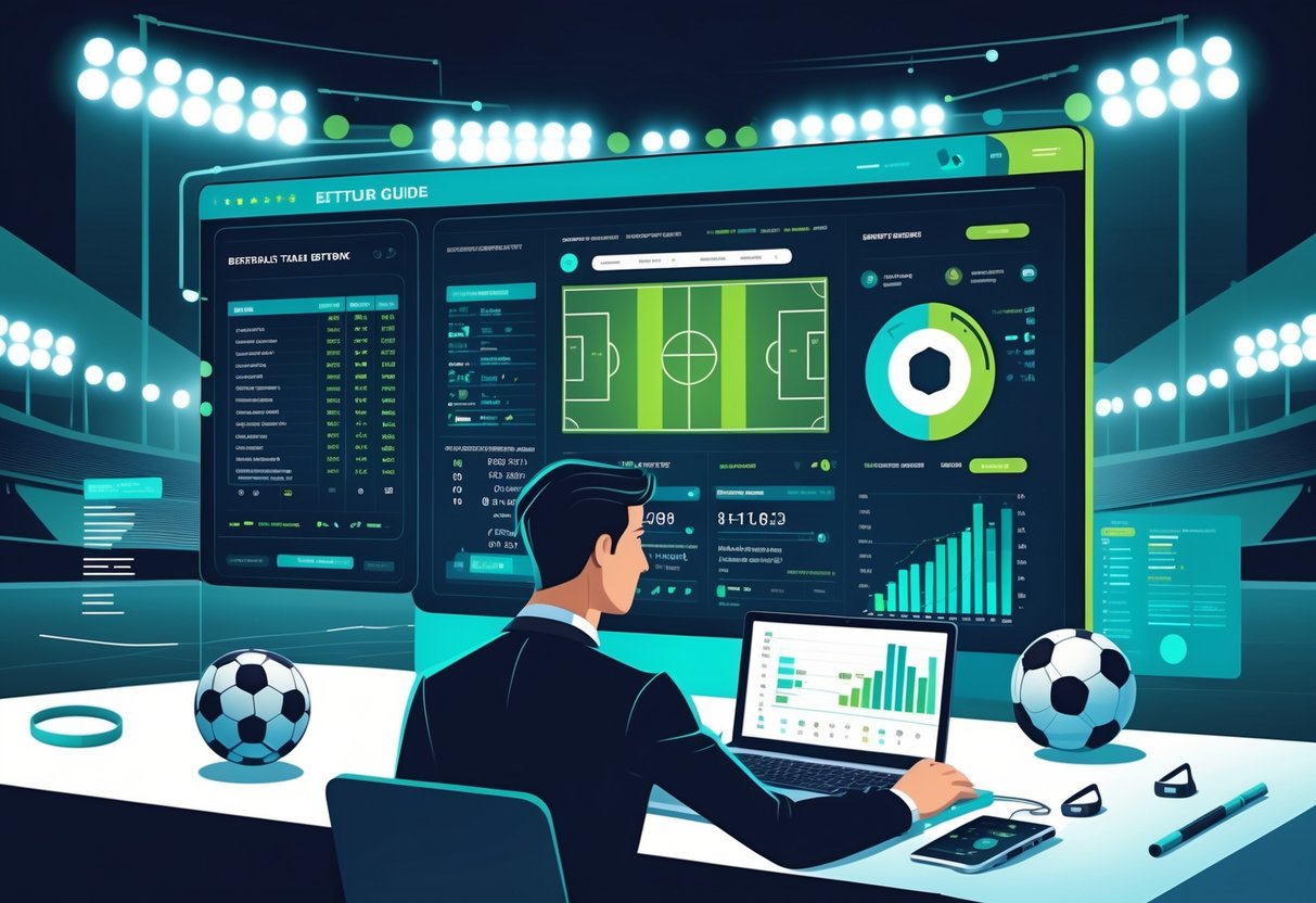 Seseorang sedang menganalisis data taruhan sepak bola di depan layar digital dengan bola sepak bola dan papan taktik di sekitarnya.
