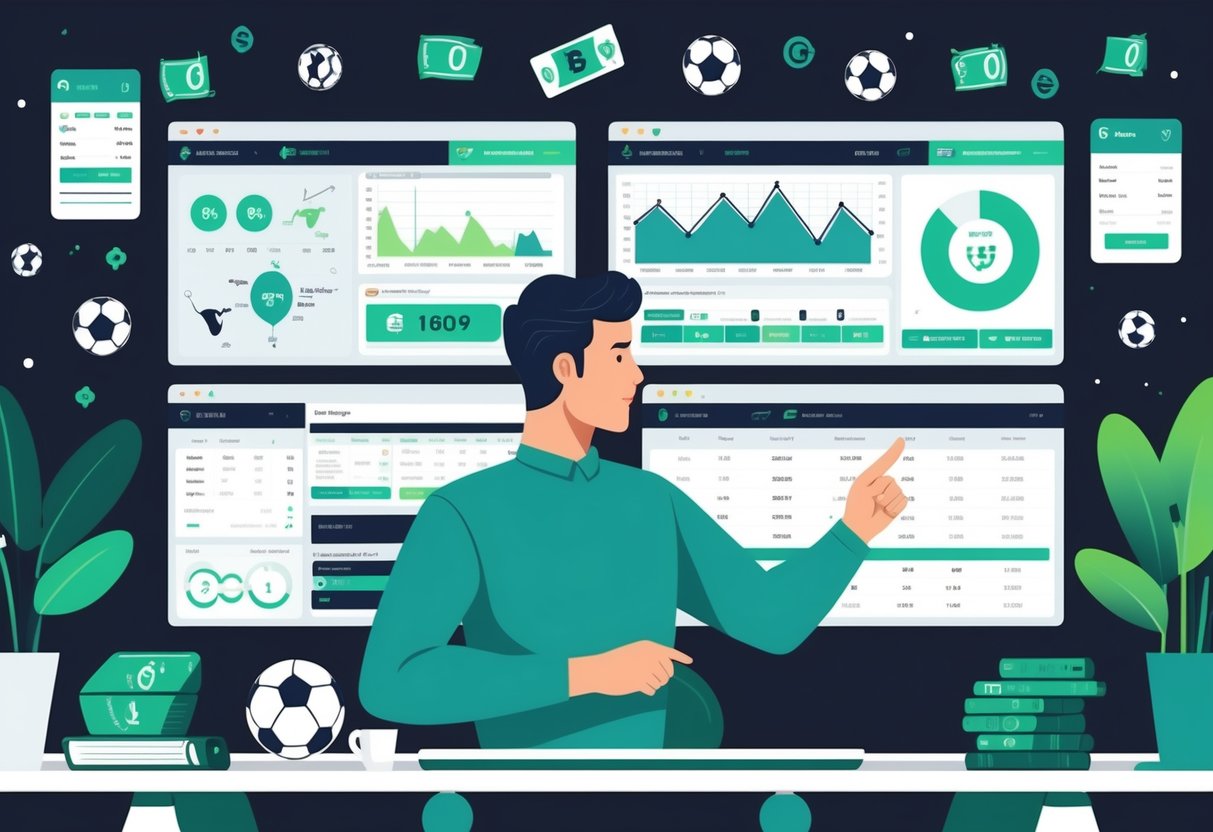 Seseorang yang fokus menganalisis statistik sepak bola di depan beberapa layar digital dengan bola sepak dan alat taruhan di sekitarnya.