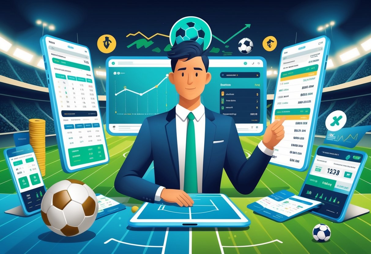 Seseorang yang fokus menganalisis data taruhan sepak bola dengan layar digital, bola sepak, dan grafik di sekitarnya.