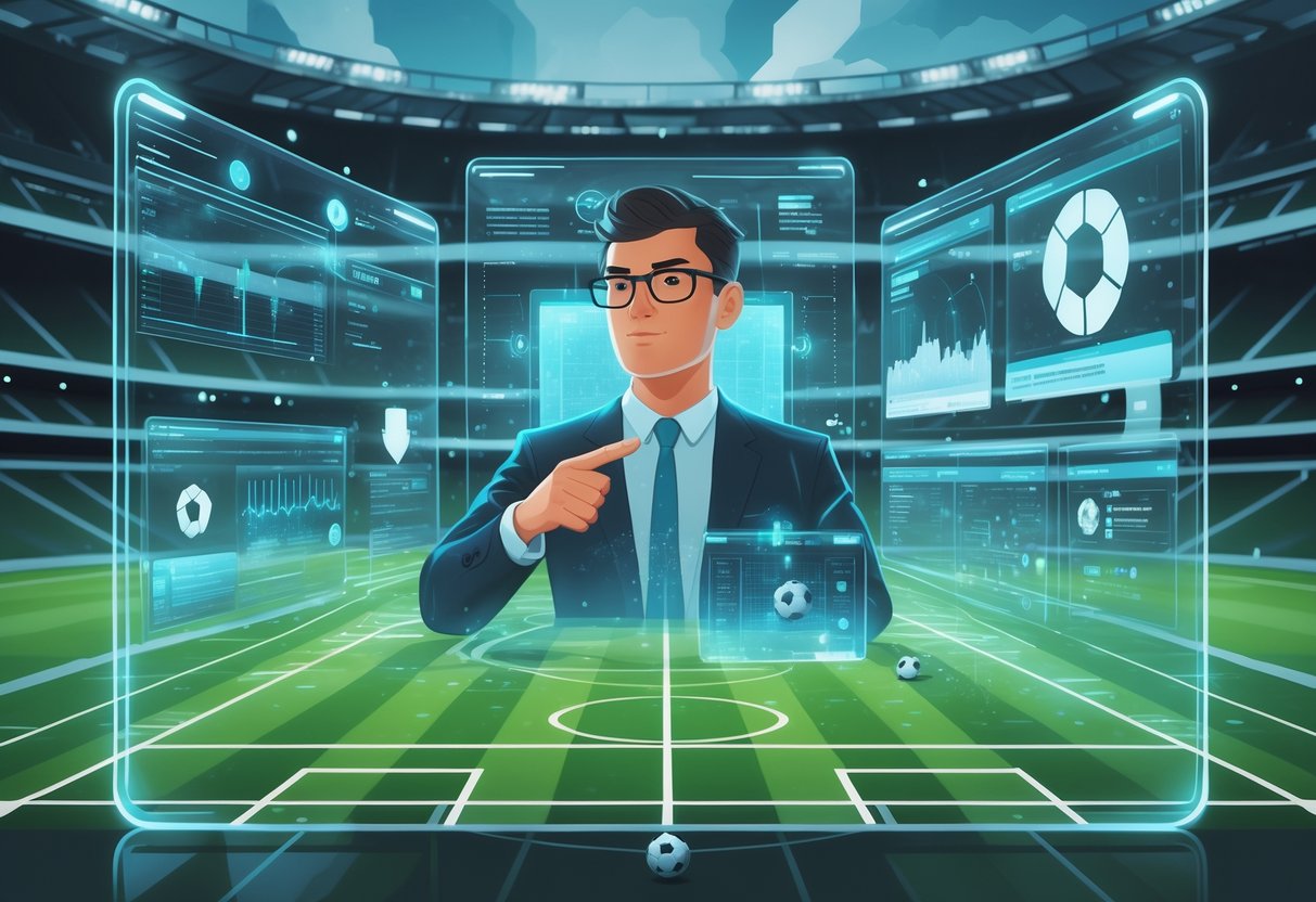 Seorang analis sepak bola sedang memeriksa layar digital dengan data pertandingan dan taktik di sebuah ruangan modern.