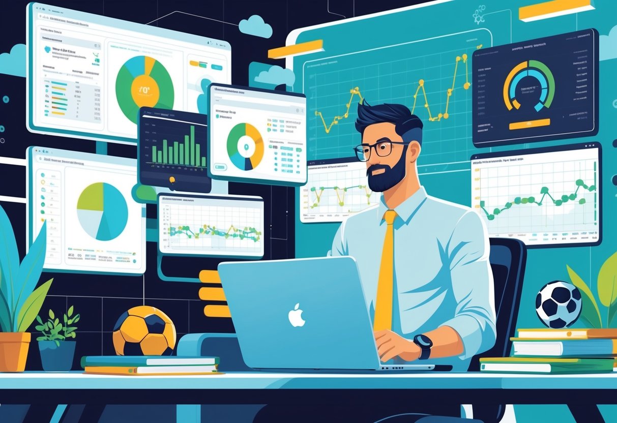 Seorang analis sepak bola sedang memeriksa data dan grafik di layar komputer di sebuah kantor modern dengan elemen bola dan diagram taktik di sekitarnya.