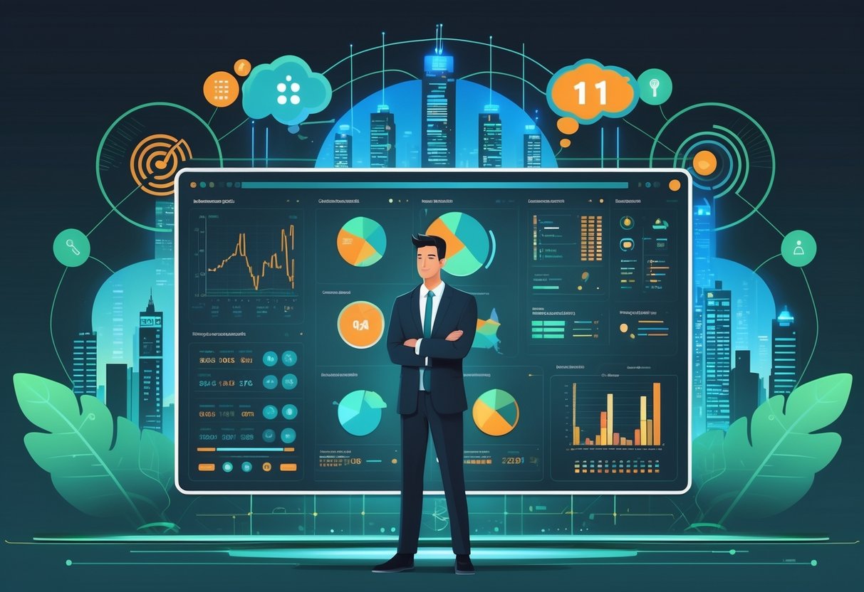 Seorang analis berdiri di depan papan digital yang menampilkan statistik sepak bola dan diagram taktis, dengan latar belakang kota futuristik dan elemen yang melambangkan analisis psikologis.