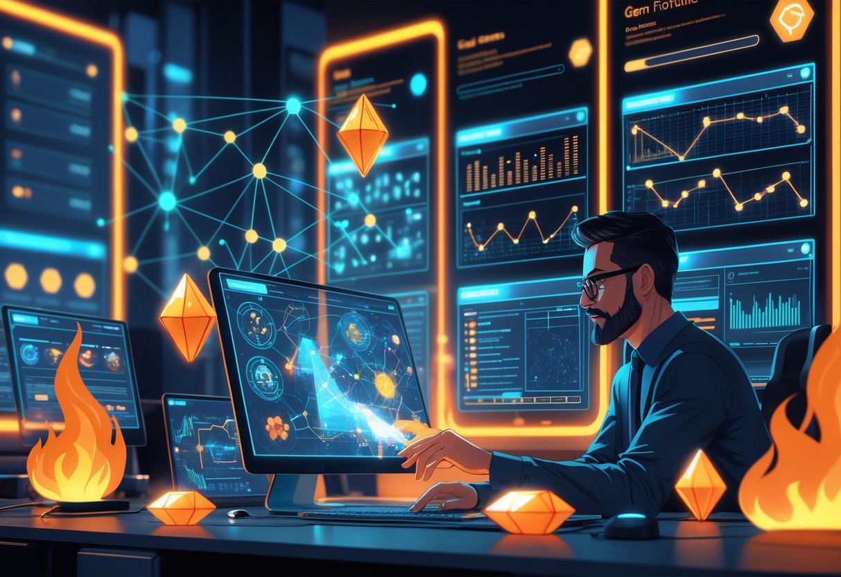 Seorang analis sedang bekerja dengan layar digital yang menampilkan pola dan grafik kompleks di ruang kerja modern dengan elemen api dan permata di latar belakang.